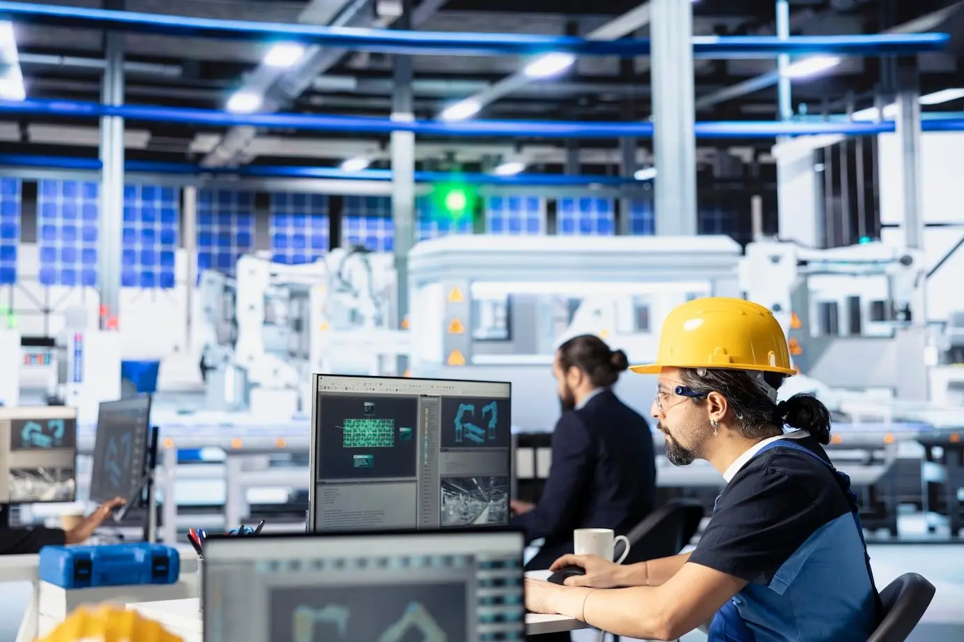 Empleado de una fábrica fotovoltaica realizando un trabajo de ensamblaje de paneles solares en un PC.