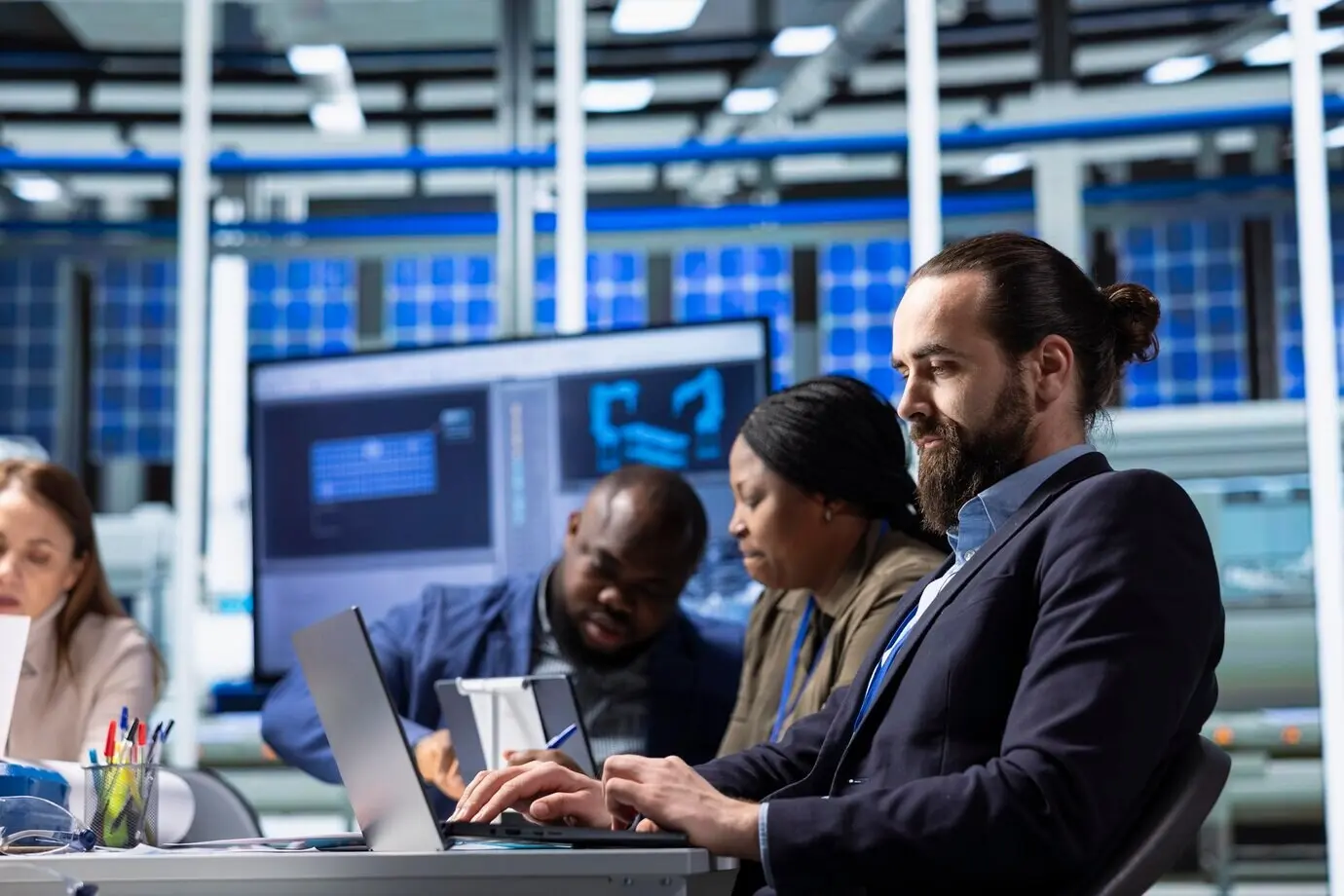 Hombre usando un portátil para escribir un informe de datos de investigación y desarrollo de una fábrica.