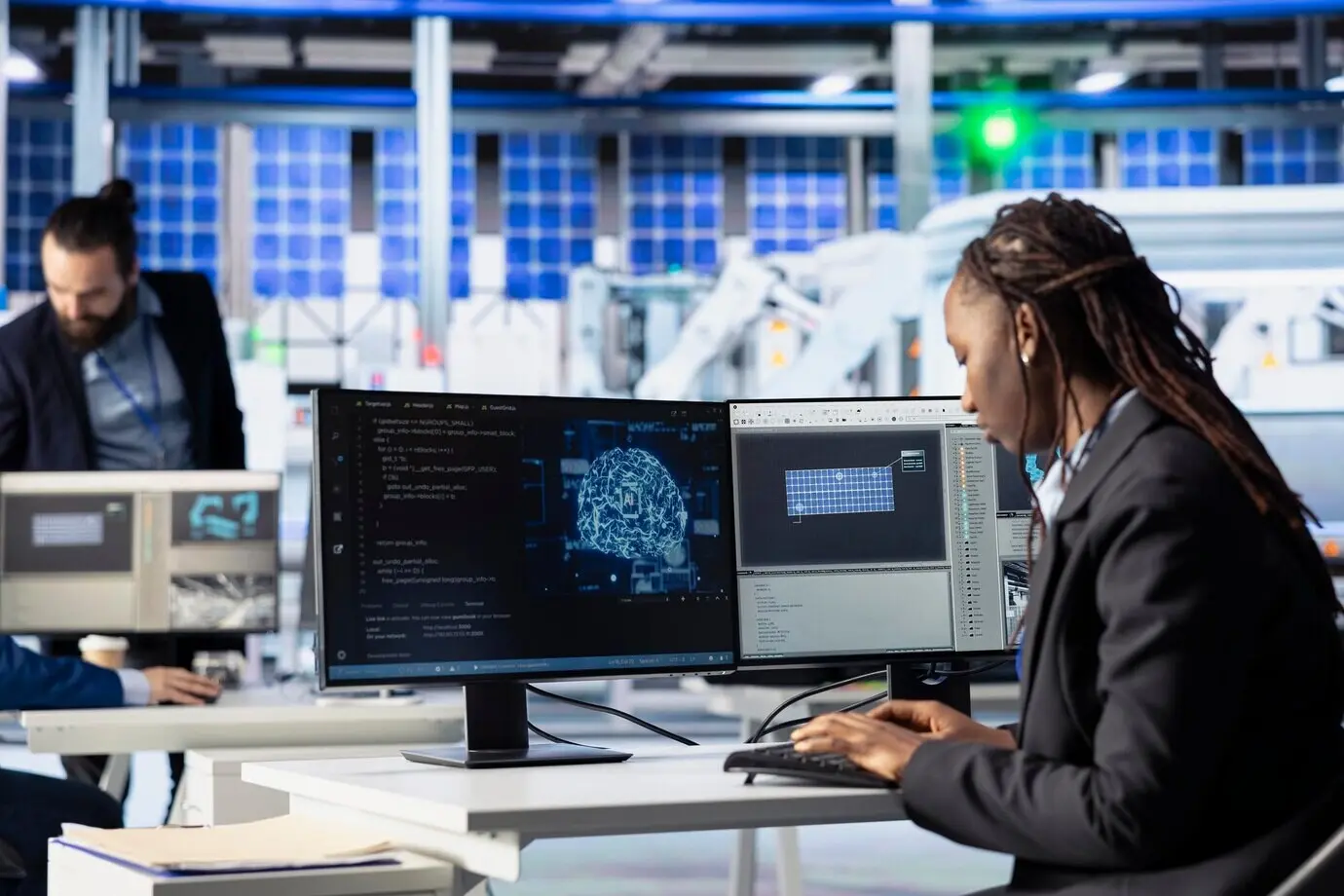 Operario de fábrica escribiendo código de inteligencia artificial en una estación de trabajo de una planta fotovoltaica.